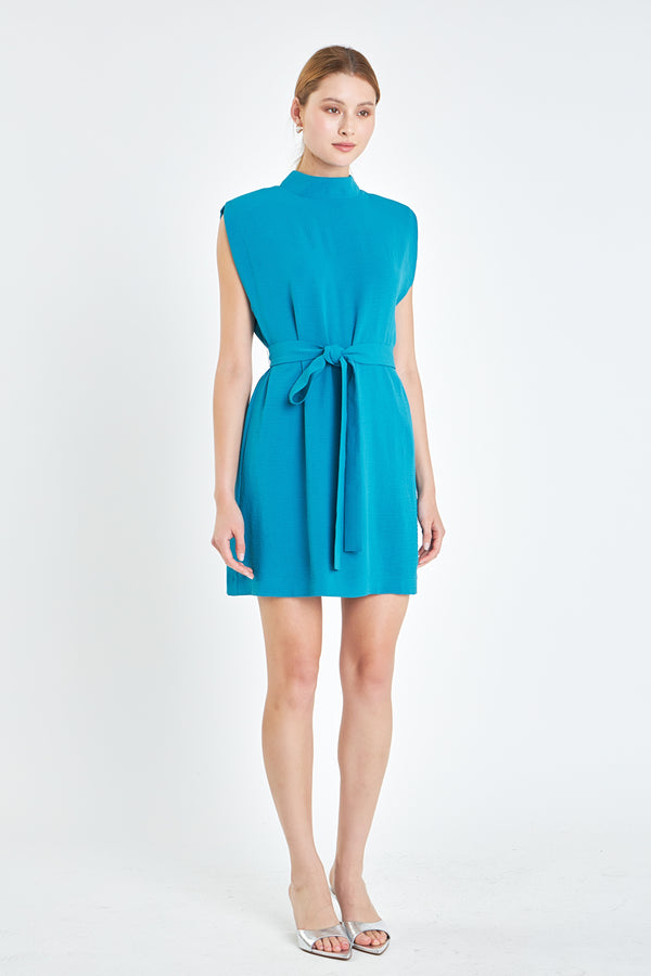 English Factory Sleveless Shoulder Pad Shift Dress With Tie TURQUOISE