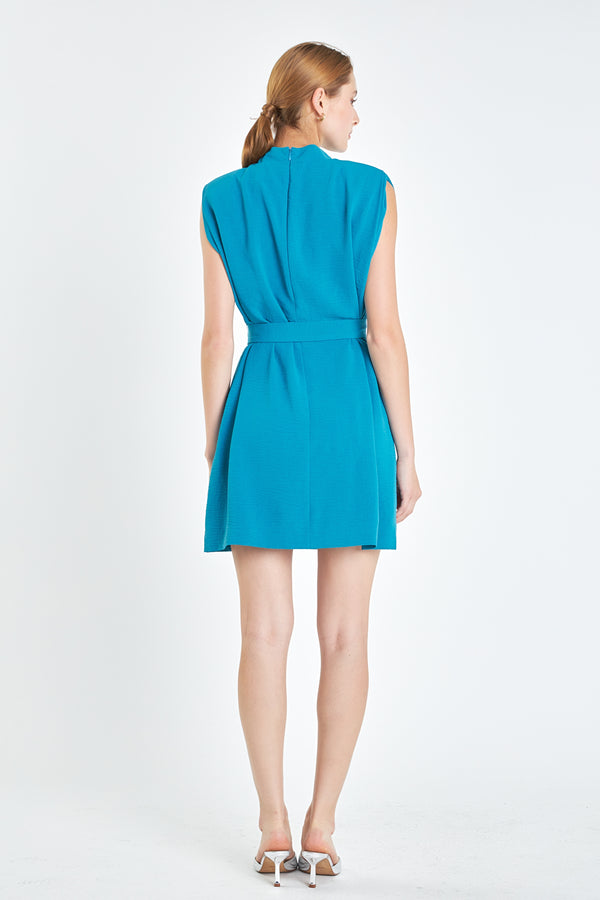English Factory Sleveless Shoulder Pad Shift Dress With Tie TURQUOISE