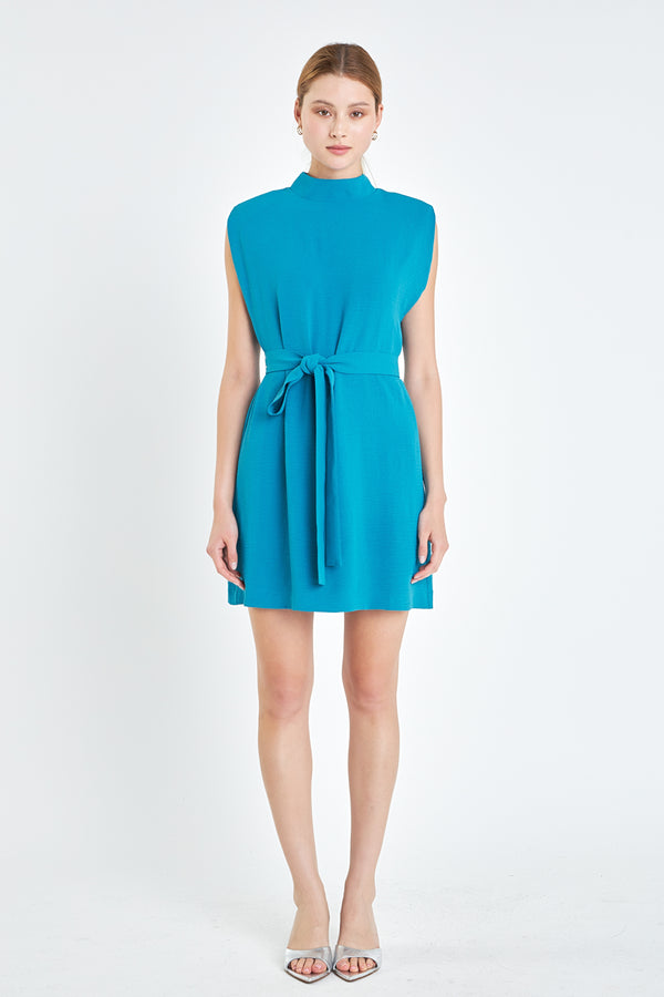 english factory Sleveless Shoulder Pad Shift Dress with Tie TURQUOISE