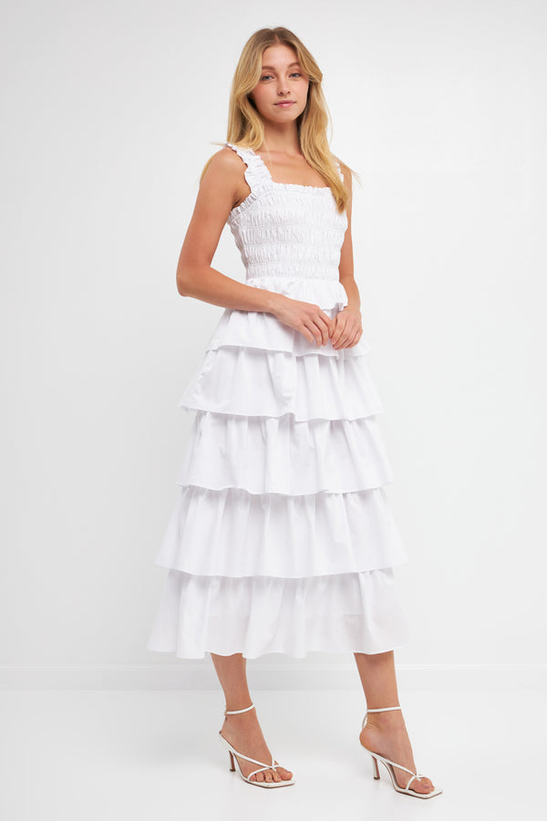 English Factory Smocked Bust Multi Ruffled Maxi Dress Gown WHITE