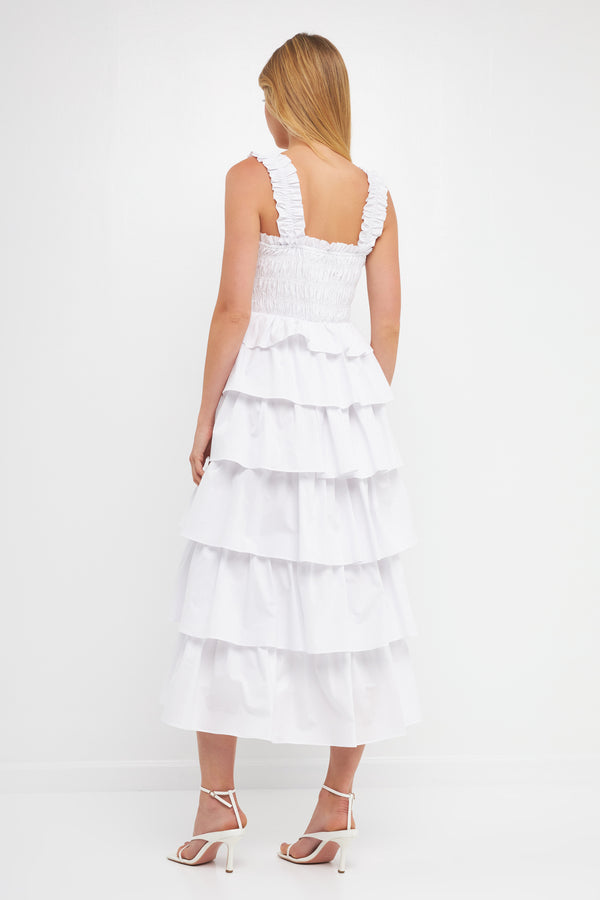 English Factory Smocked Bust Multi Ruffled Maxi Dress Gown WHITE