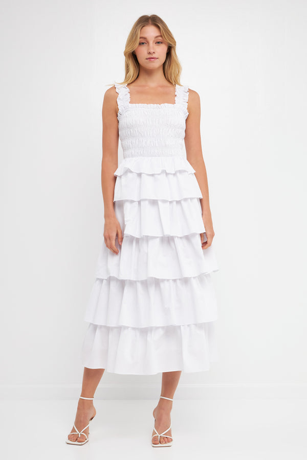 english factory Smocked Bust Multi Ruffled Maxi Dress Gown WHITE