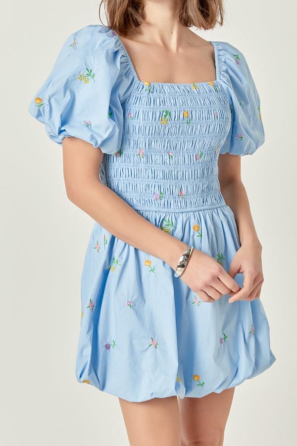 English Factory Smocked Dress With Balloon Sleeves POWDER BLUE MULTI