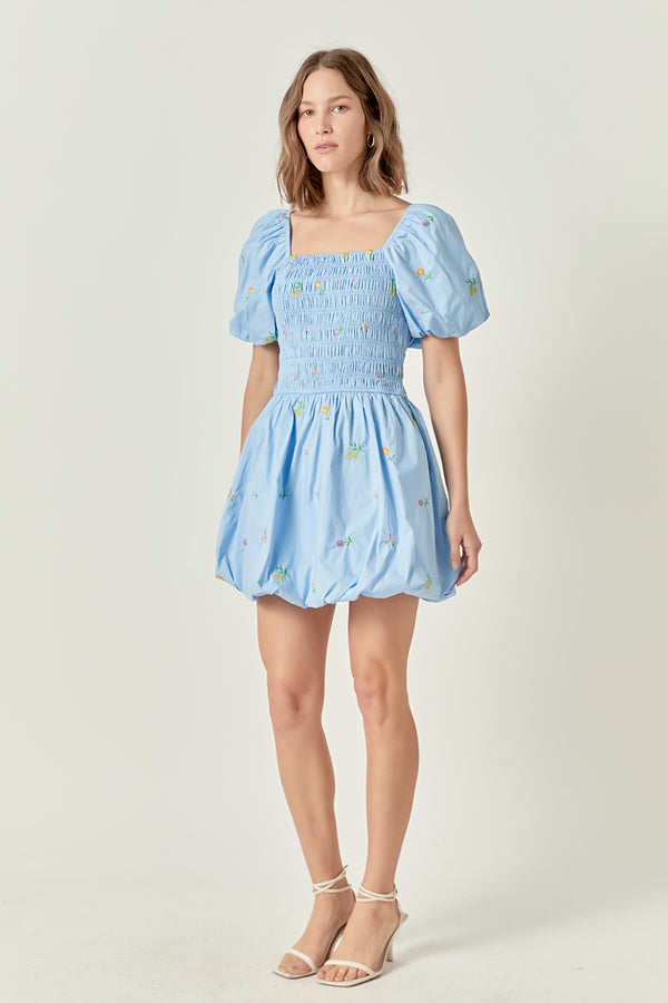 English Factory Smocked Dress With Balloon Sleeves POWDER BLUE MULTI