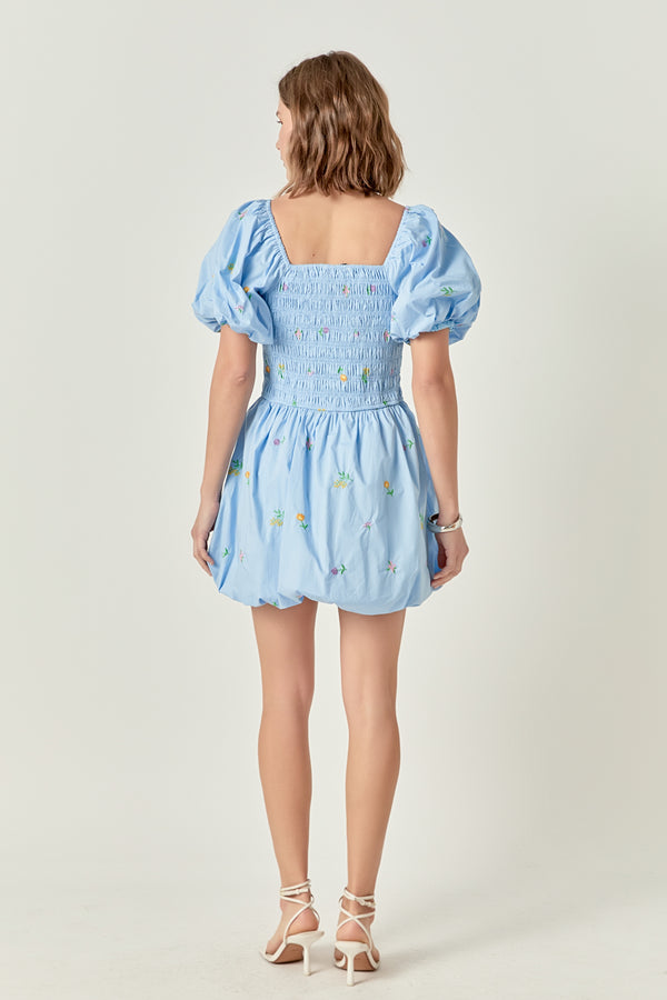 English Factory Smocked Dress With Balloon Sleeves POWDER BLUE MULTI