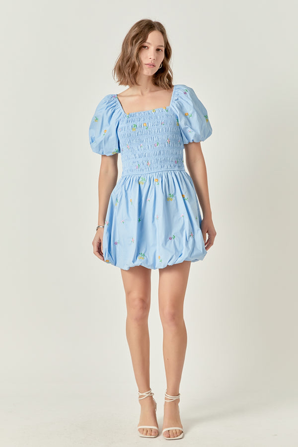 english factory Smocked Dress with Balloon Sleeves POWDER BLUE MULTI