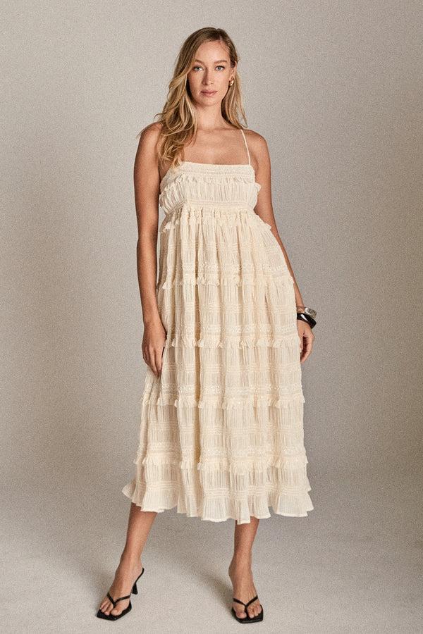 English Factory Smocked Sleeveless Midi Dress CREAM