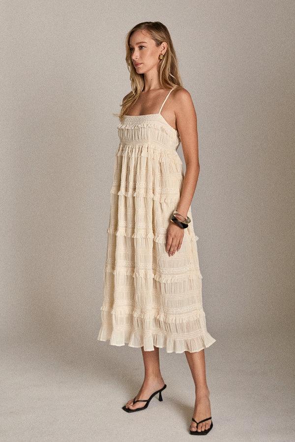 English Factory Smocked Sleeveless Midi Dress CREAM