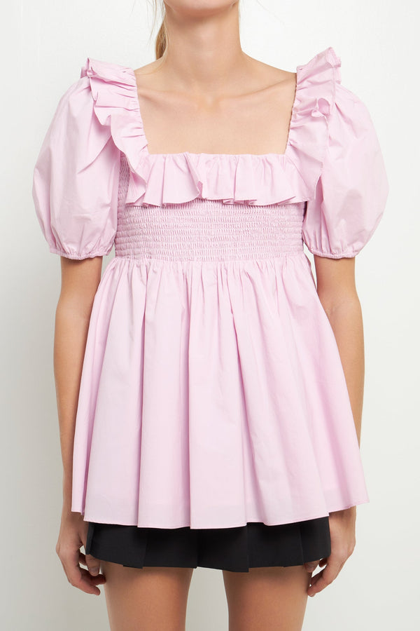 English Factory Smocked Square Neck Puff Sleeve Top PEONY