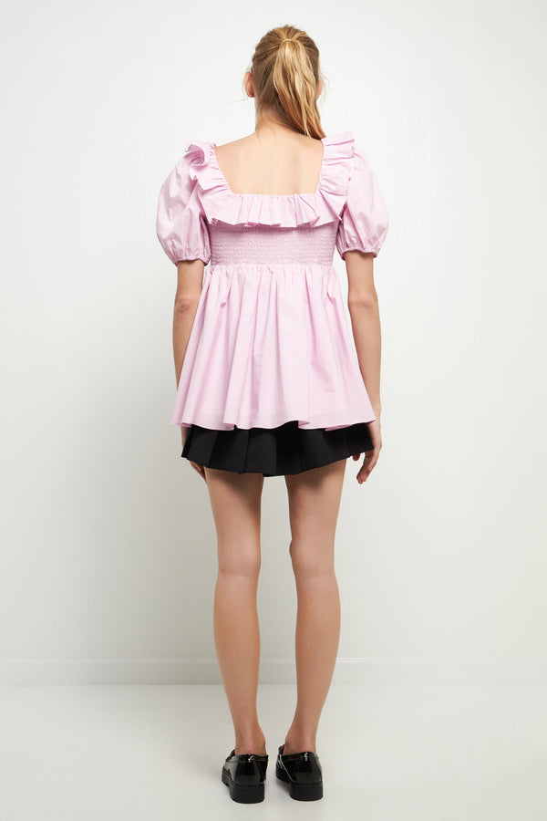 English Factory Smocked Square Neck Puff Sleeve Top PEONY