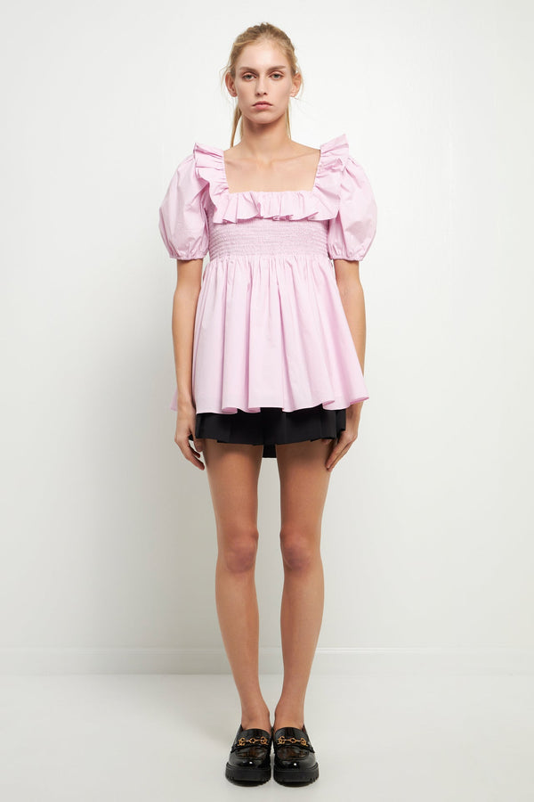english factory Smocked Square Neck Puff Sleeve Top PEONY