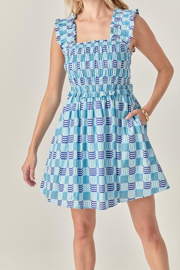 English Factory Smocked Square Print Ruffle Mini Dress BLUE MULTI