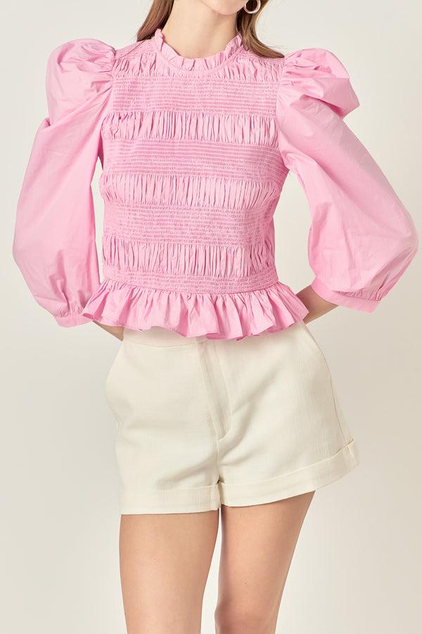 English Factory Smocking Detail Poplin Blouse PASTEL PINK