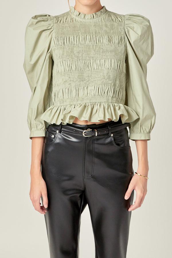 English Factory Smocking Detail Puff Sleeve Poplin Blouse SAGE