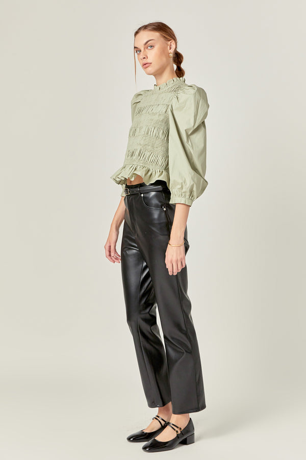 English Factory Smocking Detail Puff Sleeve Poplin Blouse SAGE