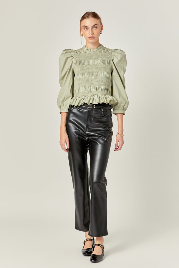 english factory Smocking Detail Puff Sleeve Poplin Blouse SAGE