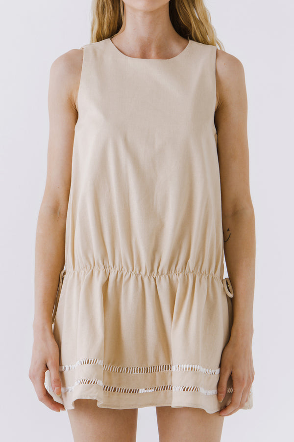 English Factory Spaghetti Tie Detail Mini Dress With Elastic Waist SAND