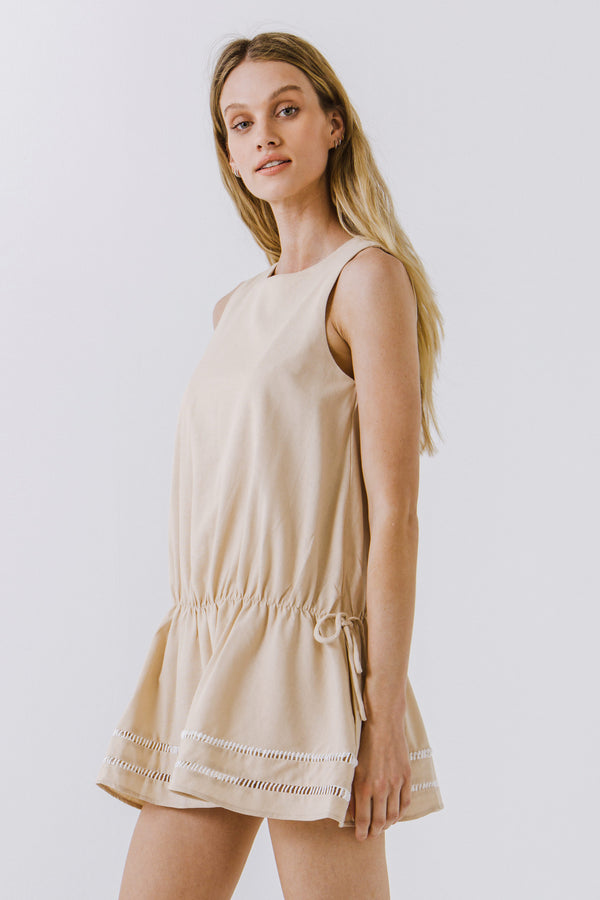 English Factory Spaghetti Tie Detail Mini Dress With Elastic Waist SAND