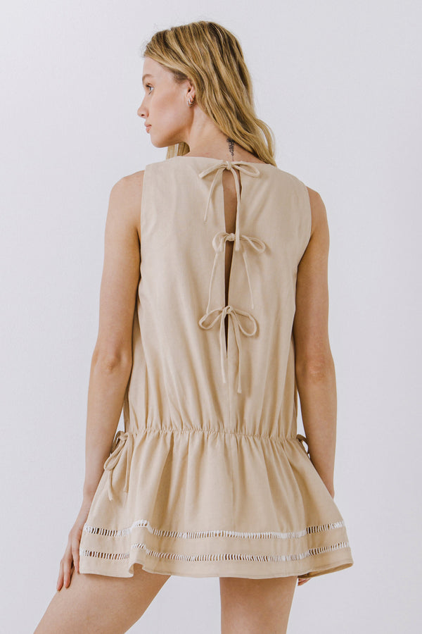 English Factory Spaghetti Tie Detail Mini Dress With Elastic Waist SAND