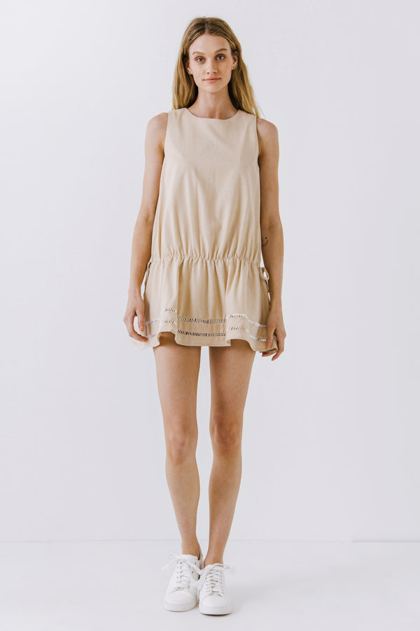 english factory Spaghetti Tie Detail Mini Dress with Elastic Waist SAND