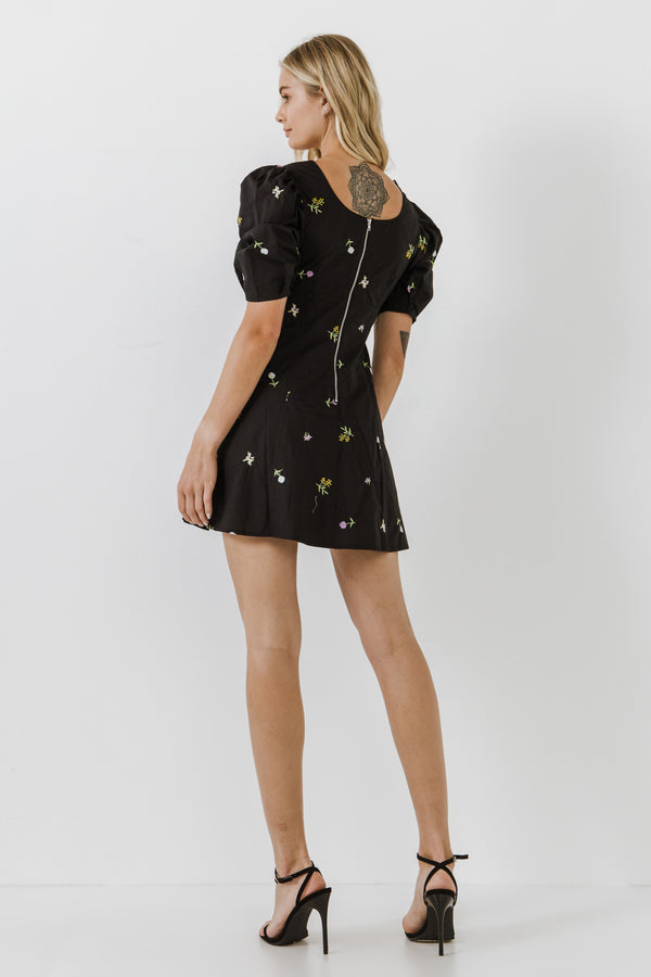 English Factory Square Neck Floral Embroidery Mini Dress BLACK MULTI