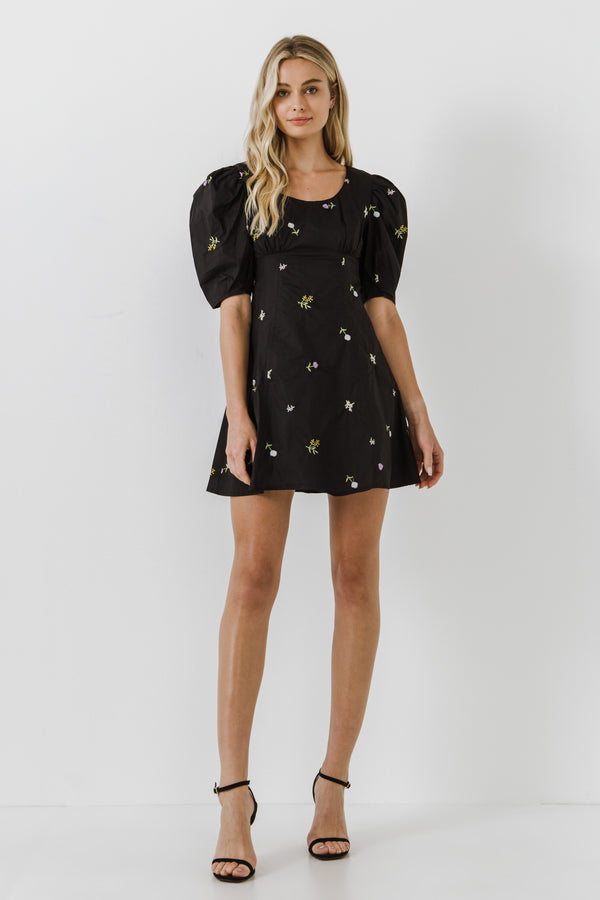 english factory Square Neck Floral Embroidery Mini dress BLACK MULTI