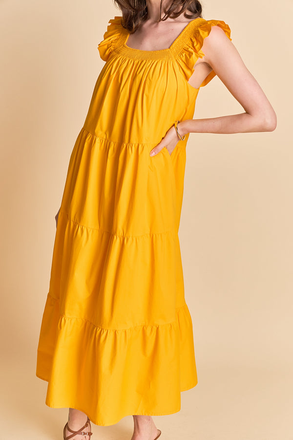 English Factory Square Neck Ruffle Detail Midi Dress ORANGE