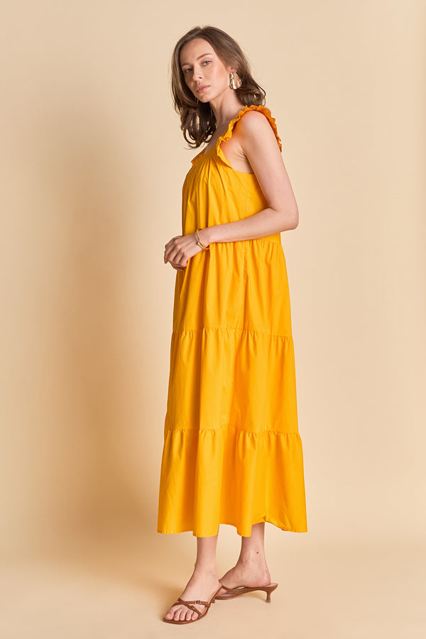 English Factory Square Neck Ruffle Detail Midi Dress ORANGE