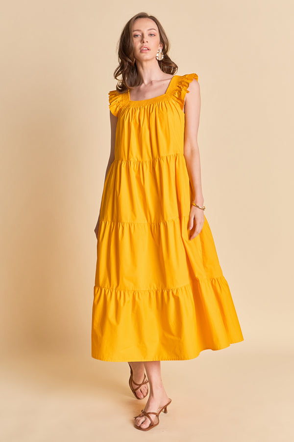 english factory Square Neck Ruffle Detail Midi Dress ORANGE