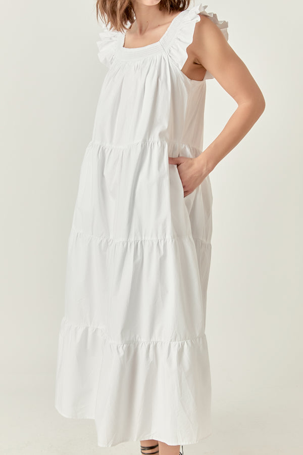 English Factory Square Neck Ruffle Detail Tiered Midi Dress BLUE