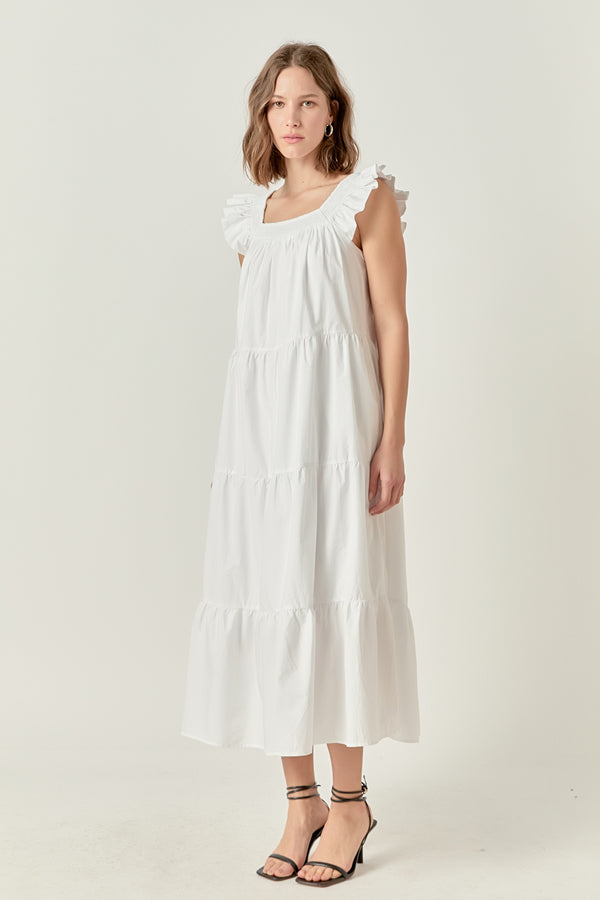 English Factory Square Neck Ruffle Detail Tiered Midi Dress BLUE