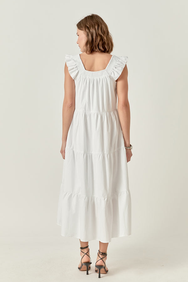 English Factory Square Neck Ruffle Detail Tiered Midi Dress BLUE