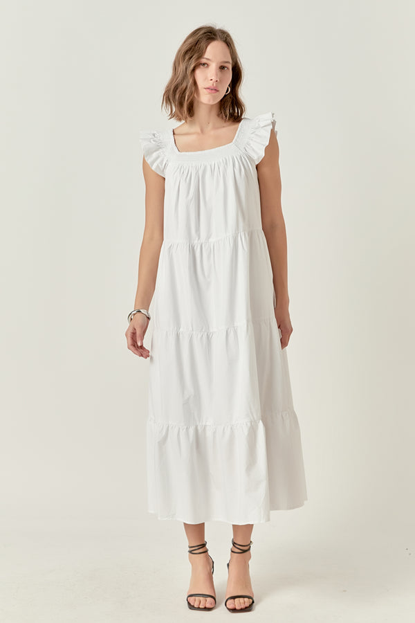 english factory Square Neck Ruffle Detail Tiered Midi Dress BLUE