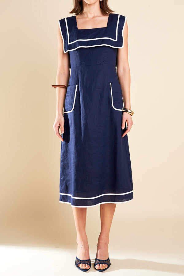 English Factory Square Neckline Midi Dress NAVY/WHITE