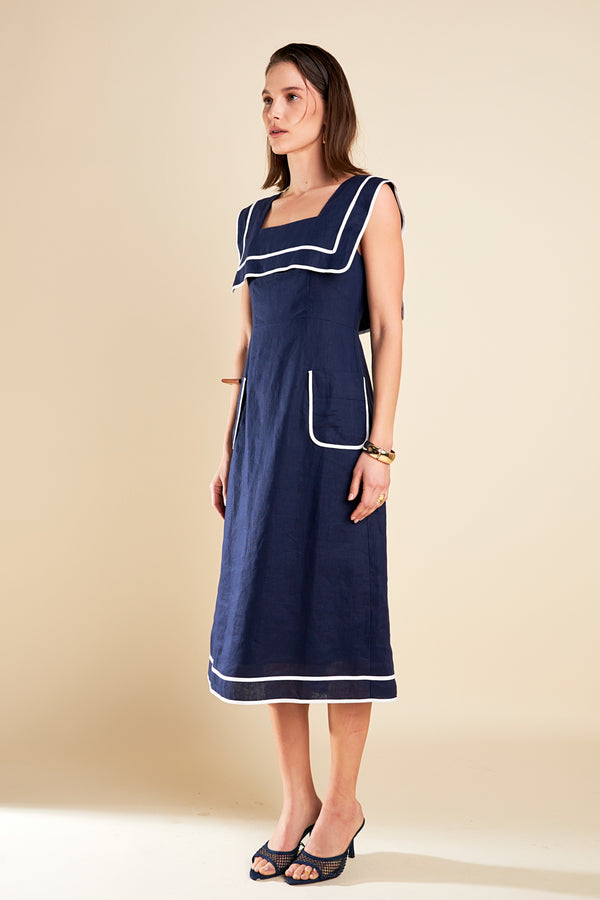 English Factory Square Neckline Midi Dress NAVY/WHITE