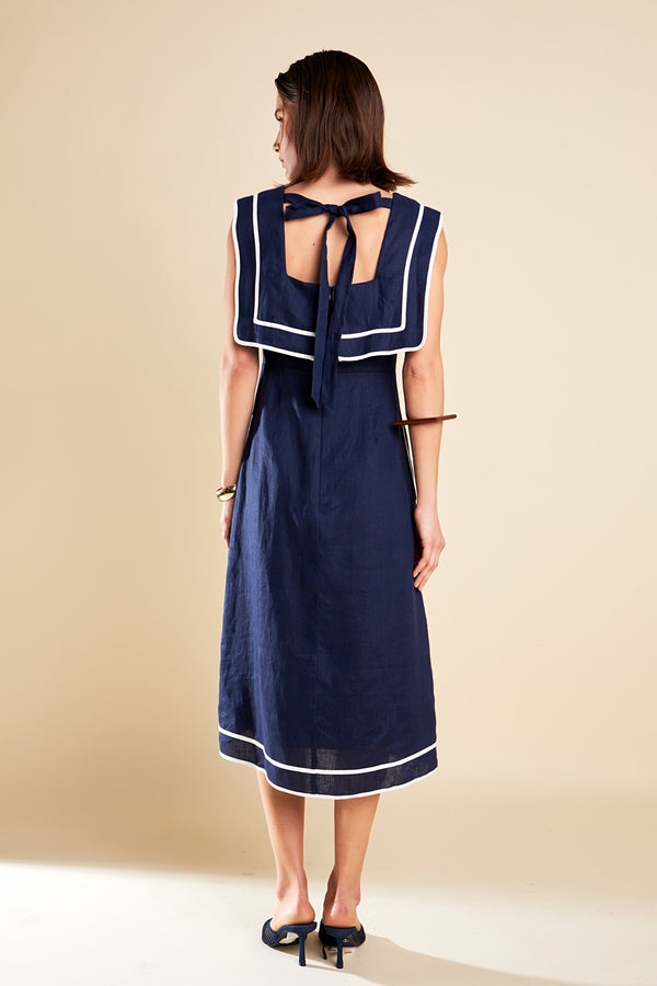 English Factory Square Neckline Midi Dress NAVY/WHITE