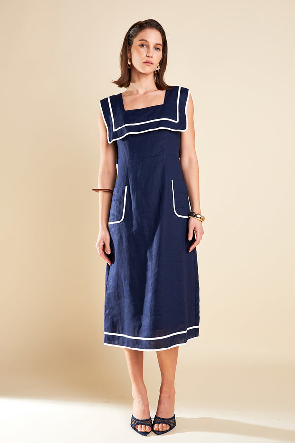 english factory Square Neckline Midi Dress NAVY/WHITE