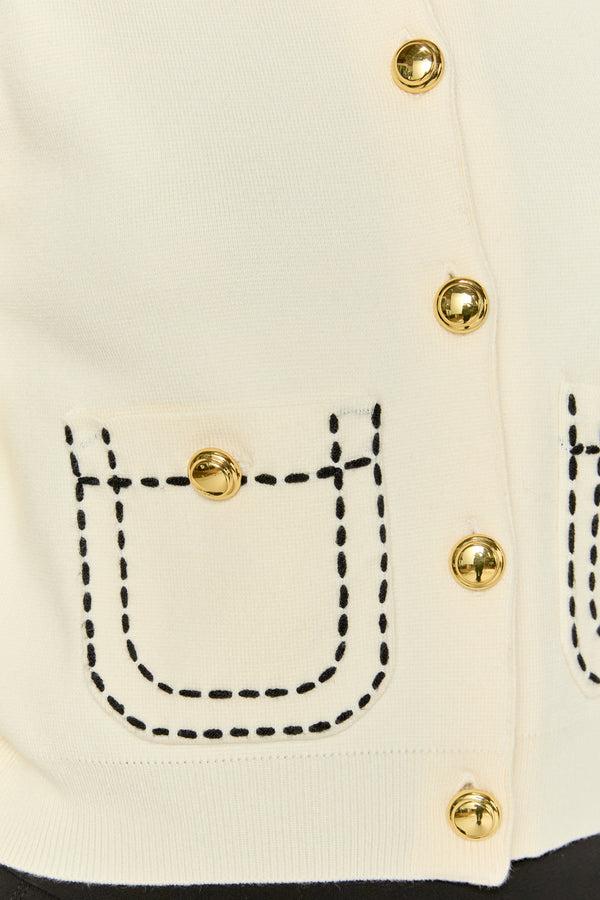 English Factory Stitch Detail Puff Sleeve Cardigan OFF WHITE