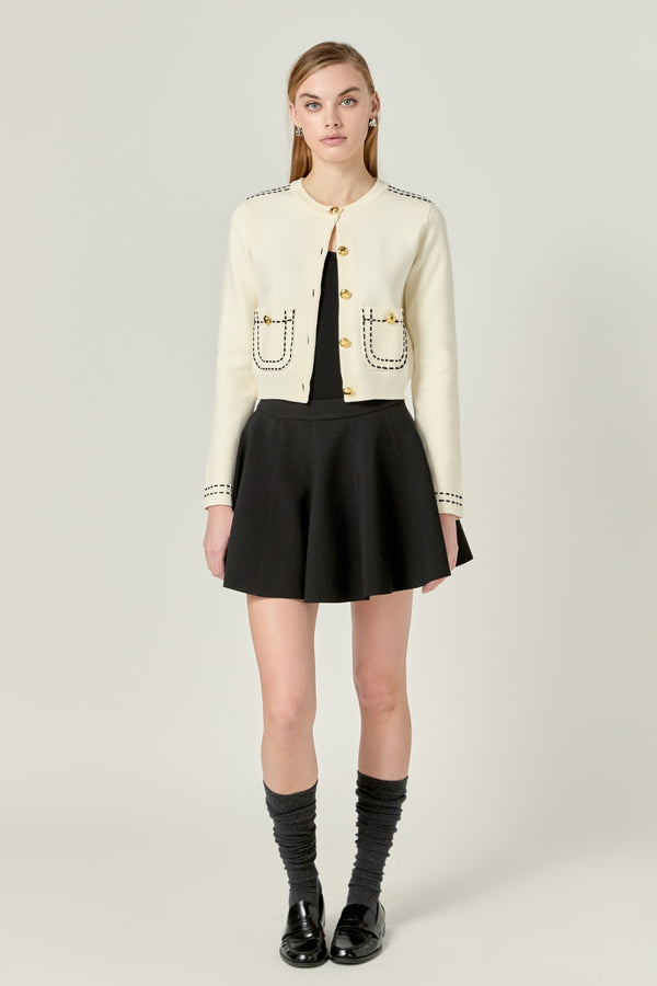 english factory Stitch Detail Puff Sleeve Cardigan OFF WHITE