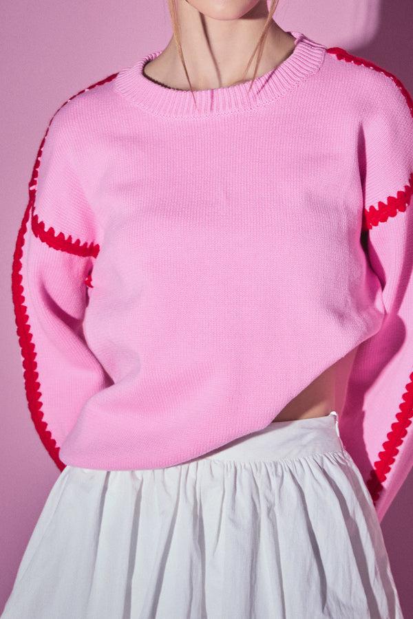 English Factory Stitch Detailed Crew Neck Knit PINK