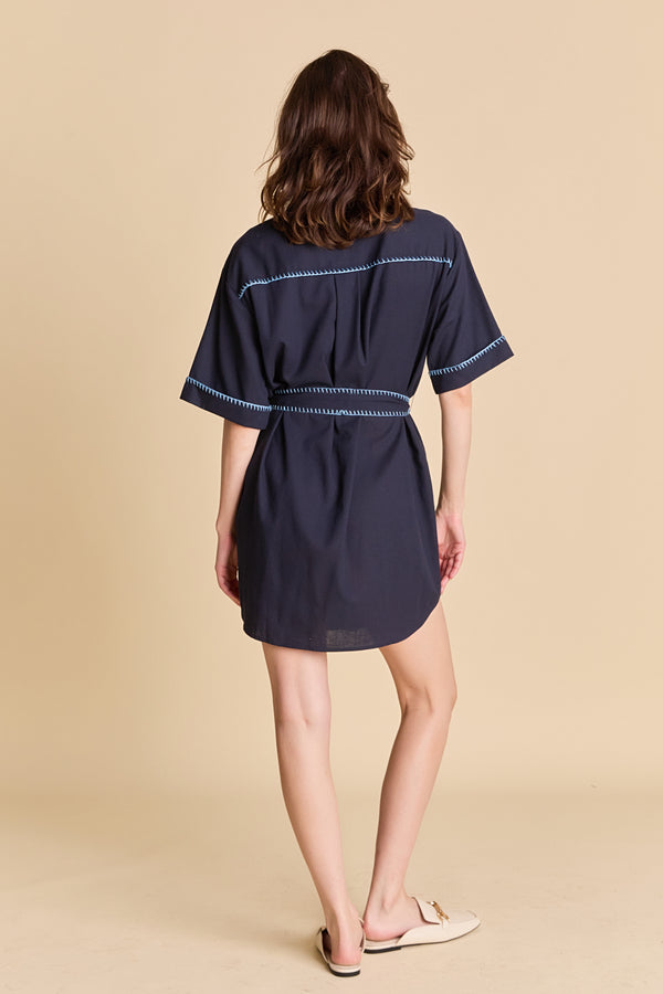 English Factory Stitch Detailed Shirt Mini Dress NAVY/POWDER BLUE