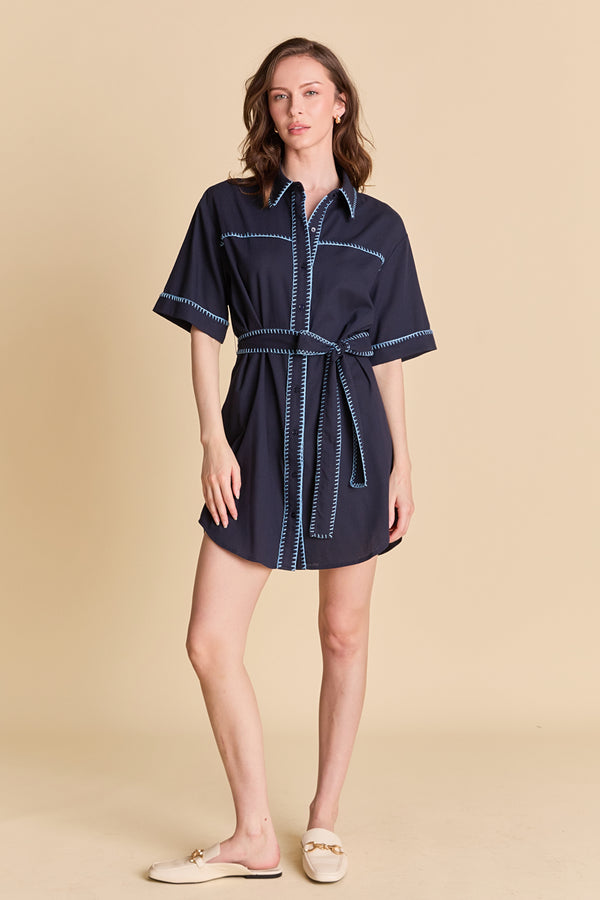 english factory Stitch Detailed Shirt Mini Dress NAVY/POWDER BLUE