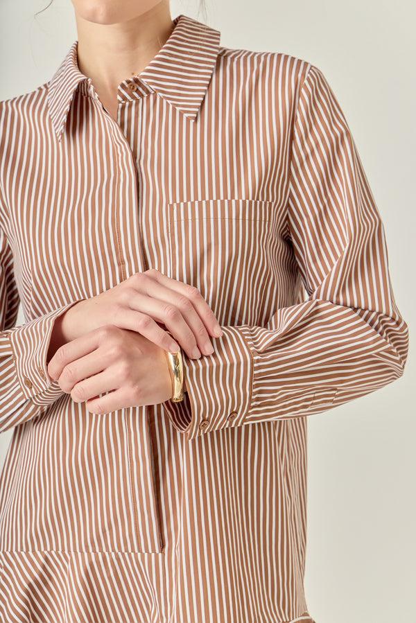 English Factory Stripe Collar Flared Skirt Dress BROWN