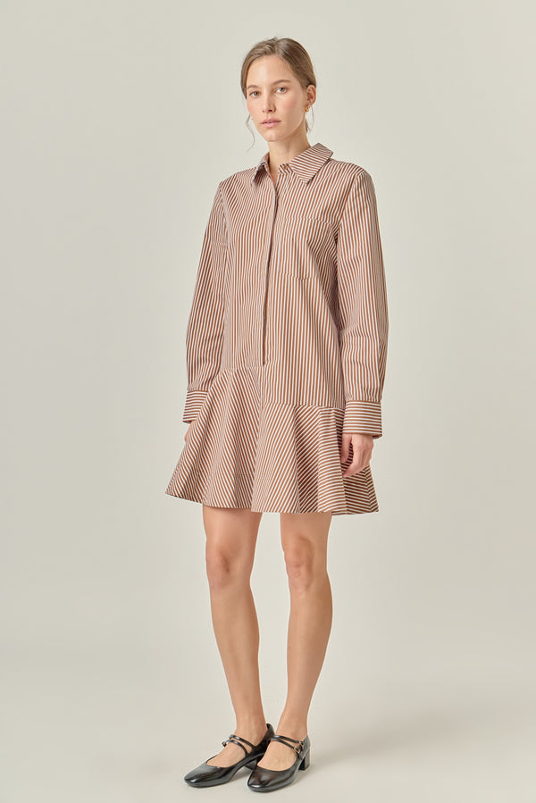 English Factory Stripe Collar Flared Skirt Dress BROWN