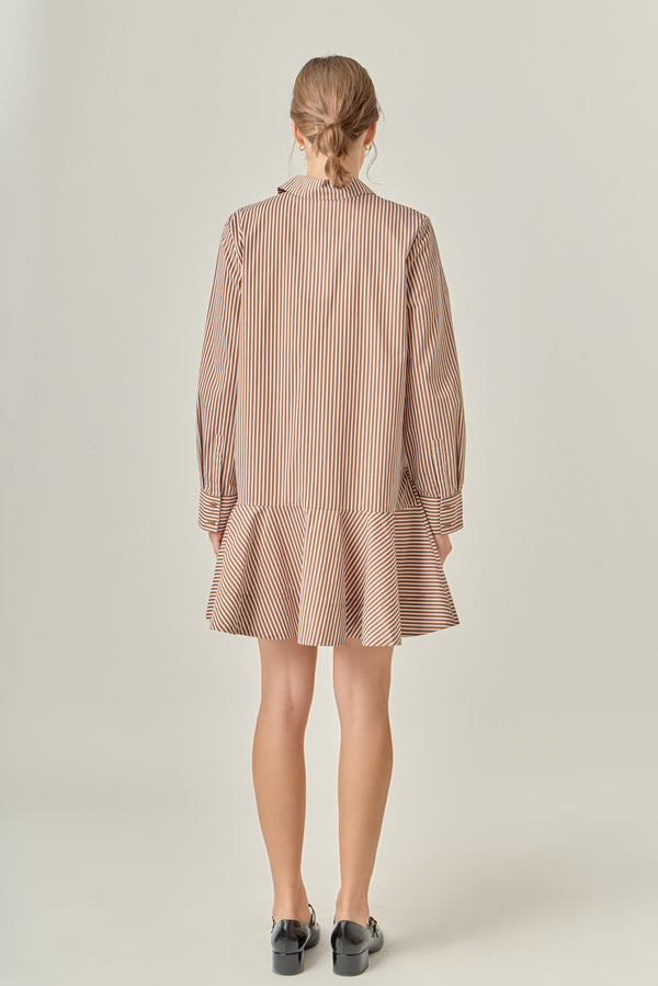 English Factory Stripe Collar Flared Skirt Dress BROWN