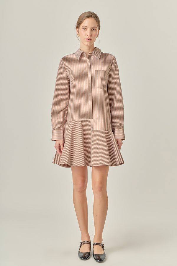 english factory Stripe Collar Flared Skirt Dress BROWN