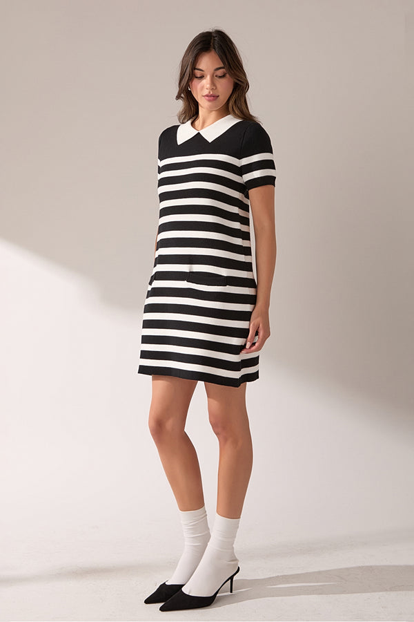 English Factory Stripe Collar Mini Dress BLACK/WHITE
