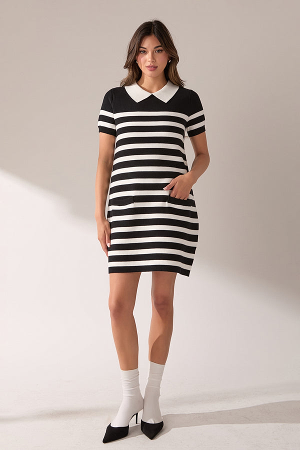 english factory Stripe Collar Mini Dress BLACK/WHITE