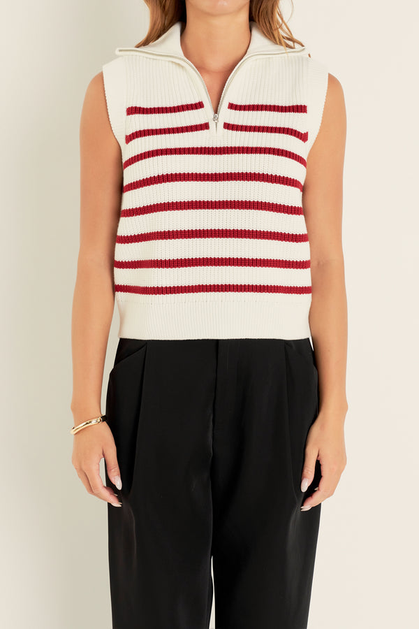English Factory Stripe Half Zip Up Sleeveless Knit Top WHITE/BURGUNDY