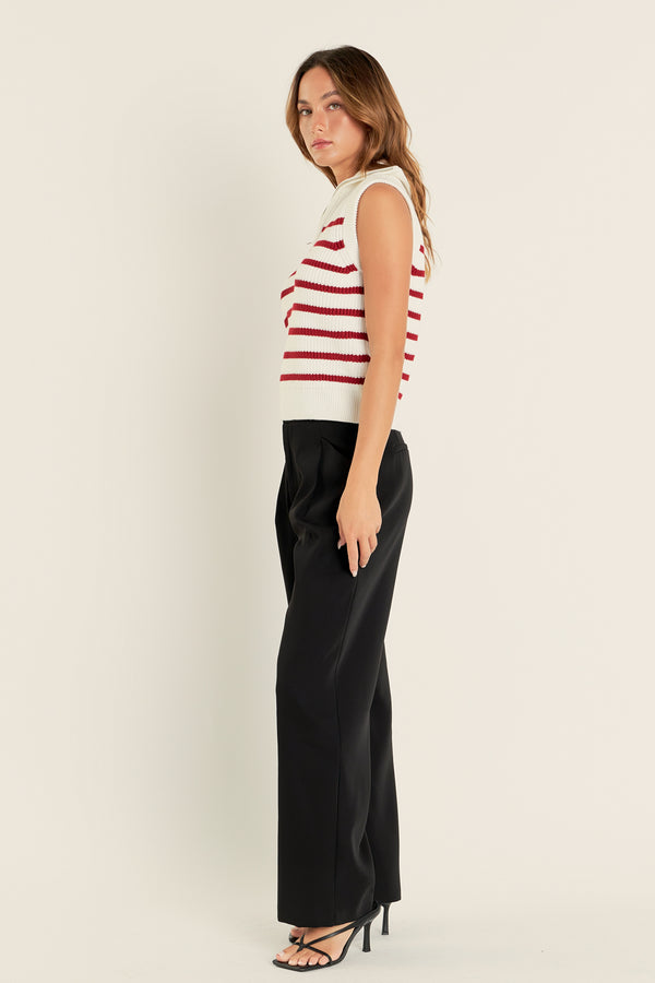 English Factory Stripe Half Zip Up Sleeveless Knit Top WHITE/BURGUNDY